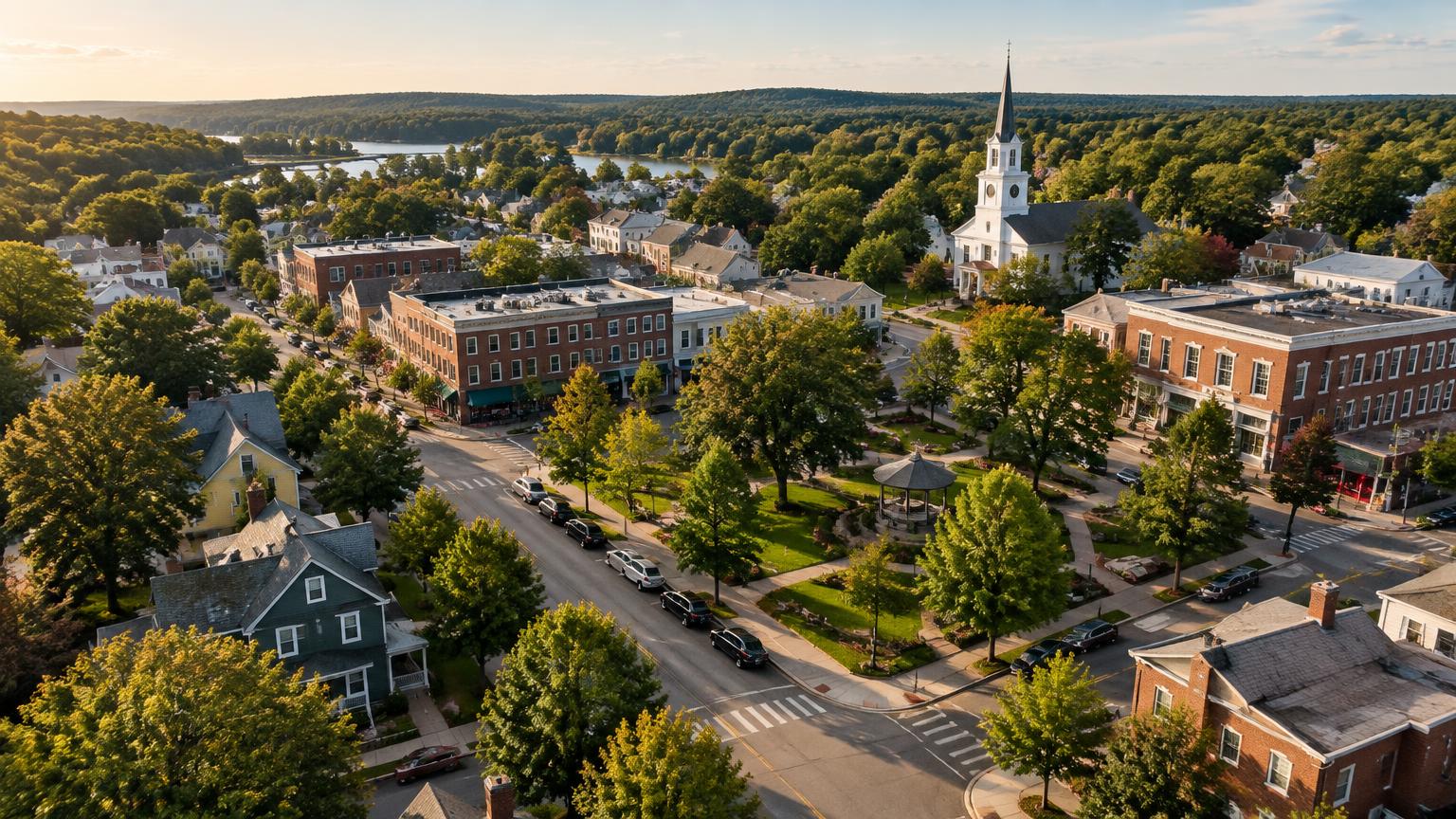 Aerial view of a leafy town with community buildings and neighborhood streets
