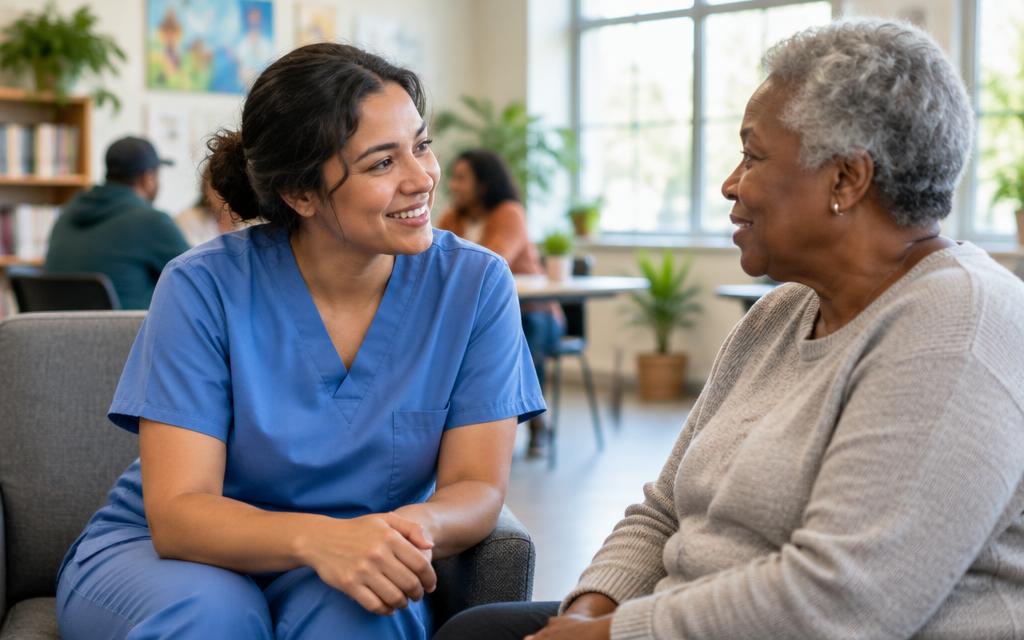 Healthcare volunteer talking with a neighbor