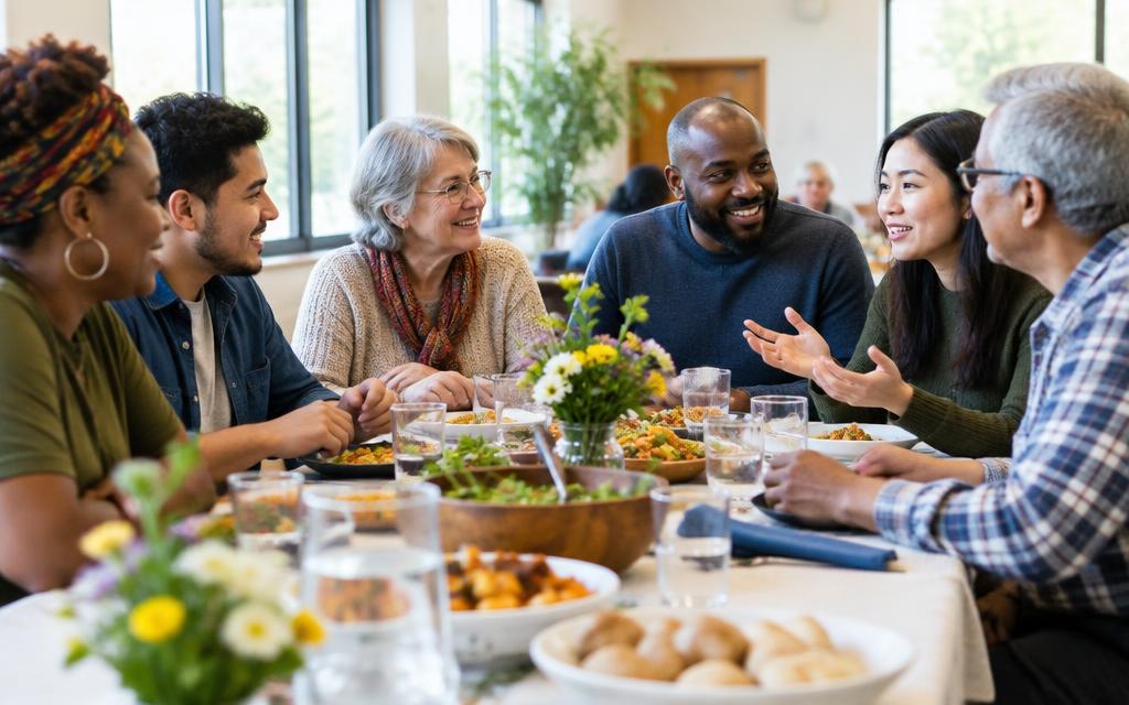 Neighbors sharing conversation around a table
