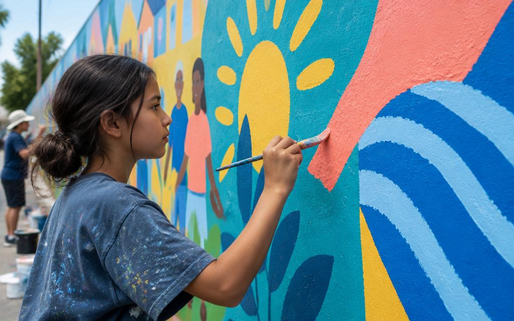 Young artist painting a colorful mural