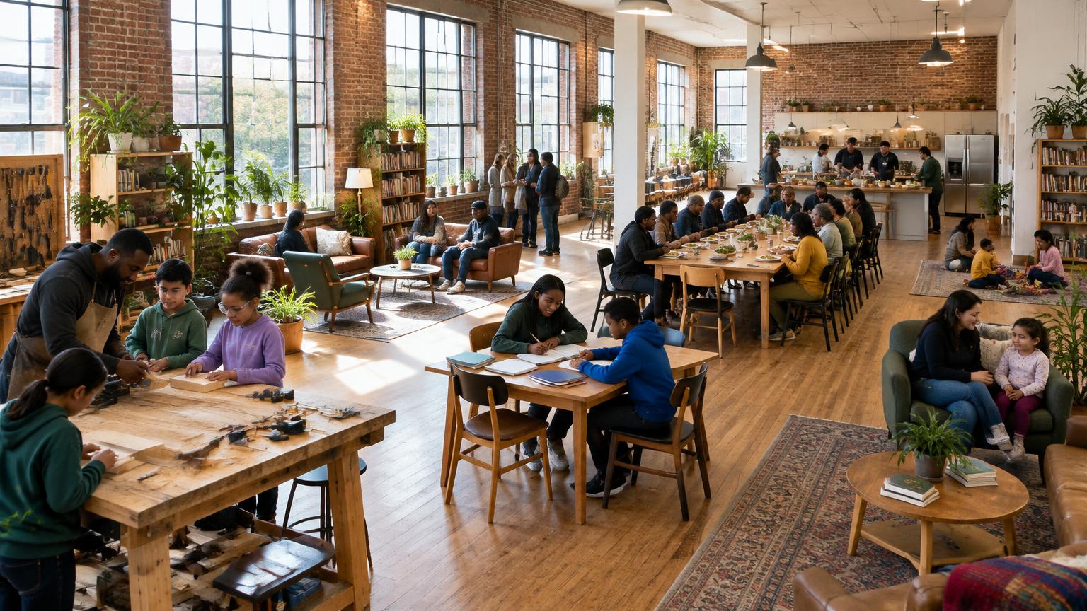 Neighbors learning, working and sharing a meal inside a welcoming community space