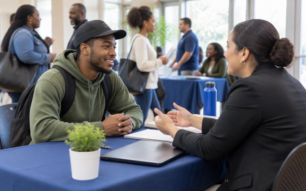Neighbor speaking with an employer at a community job fair