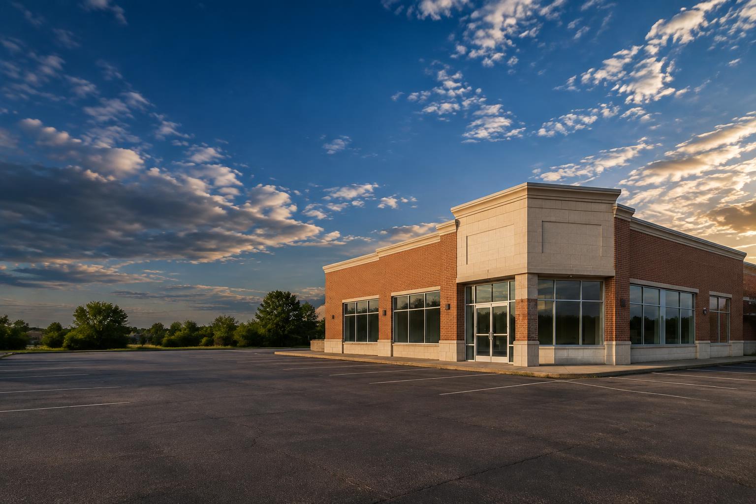 Empty neighborhood pharmacy-style building with an open parking lot